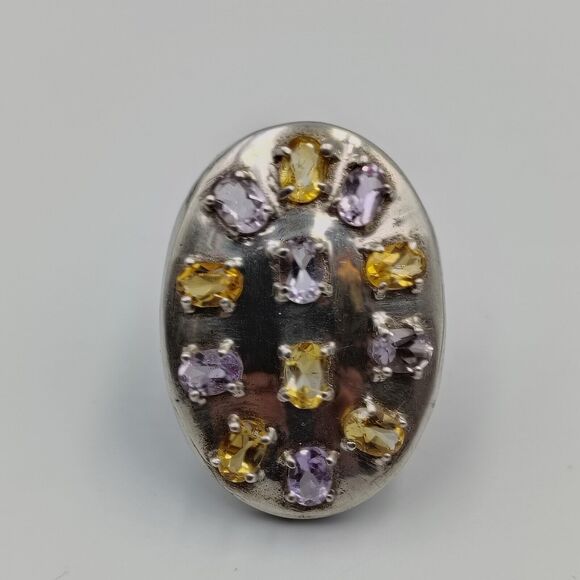 Sterling Silver 925 Amethyst Citrine Statement Oval Shield Shape Ring Sz 8 - Picture 10 of 16